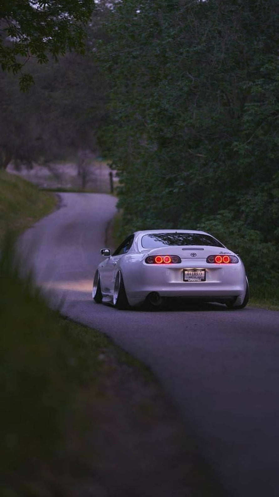 White Toyota Supra MK4 Cruising on a Winding Forest Road at Dusk HD phone wallpaper