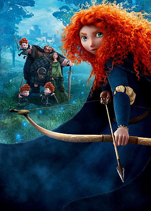 Merida from Brave holding a bow with her family in a misty Scottish landscape HD phone wallpaper