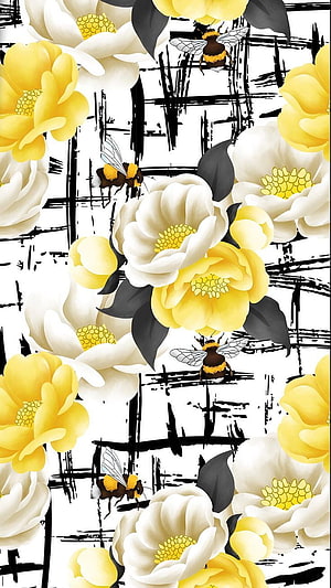 Yellow and White Floral Pattern with Bees and Black Brushstrokes HD phone wallpaper