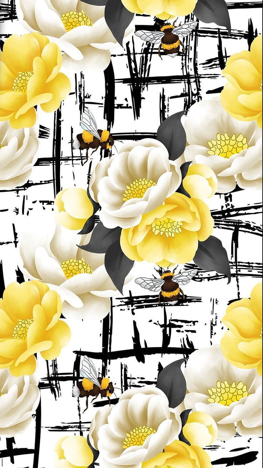 Yellow and White Floral Pattern with Bees and Black Brushstrokes HD phone wallpaper