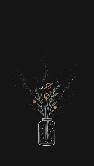 Minimalist celestial bouquet illustration with planets and stars in a glass jar on a dark background HD phone wallpaper