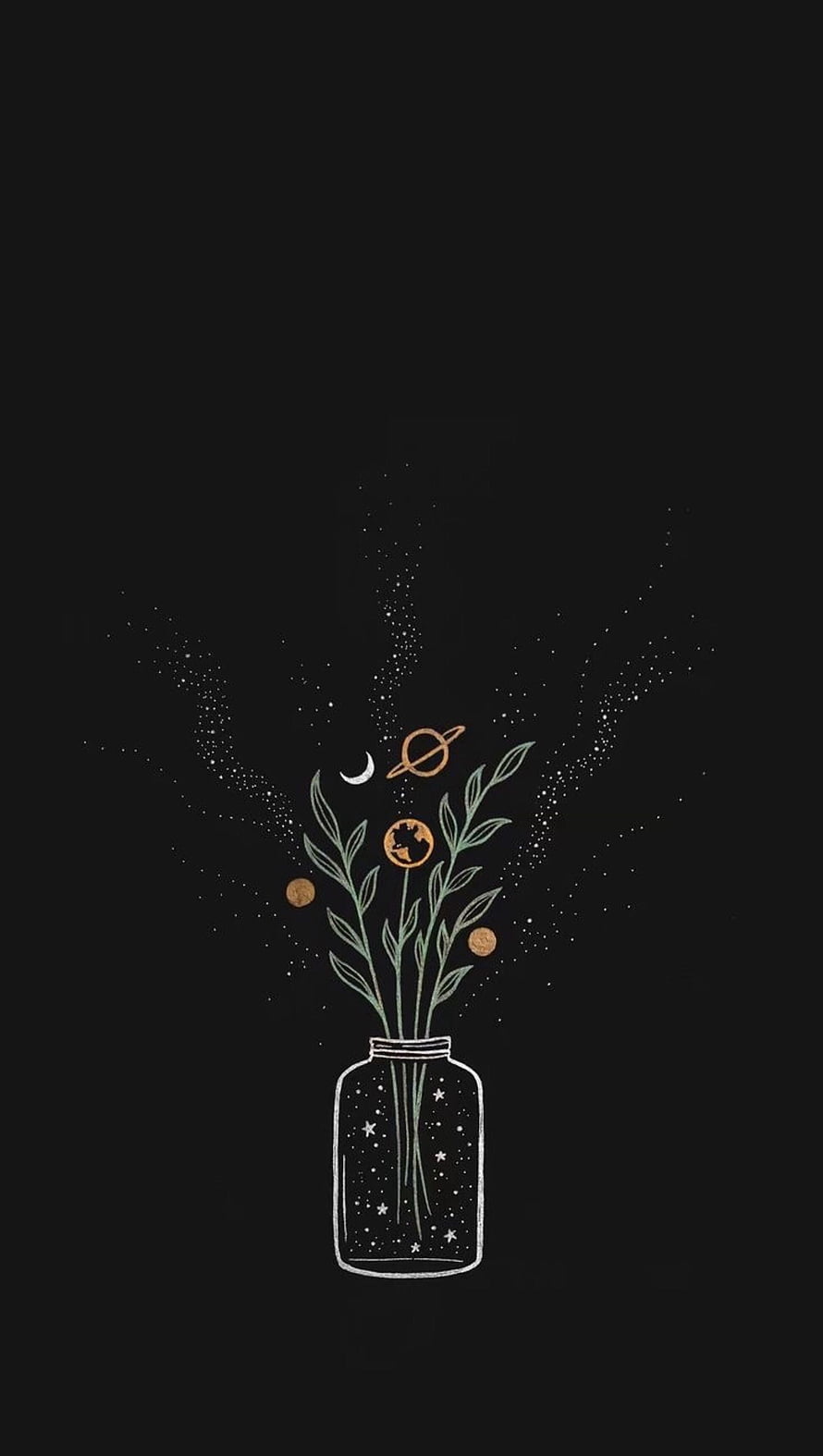 Minimalist celestial bouquet illustration with planets and stars in a glass jar on a dark background HD phone wallpaper