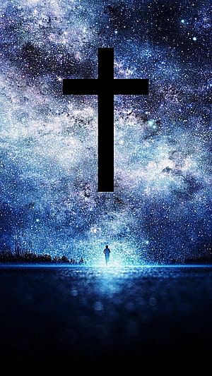 Silhouette of a person beneath a large cross against a starry night sky and glowing horizon HD phone wallpaper