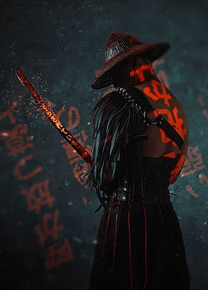 Dark Ninja Warrior with Glowing Red Katana and Straw Hat in Moody Atmosphere HD phone wallpaper