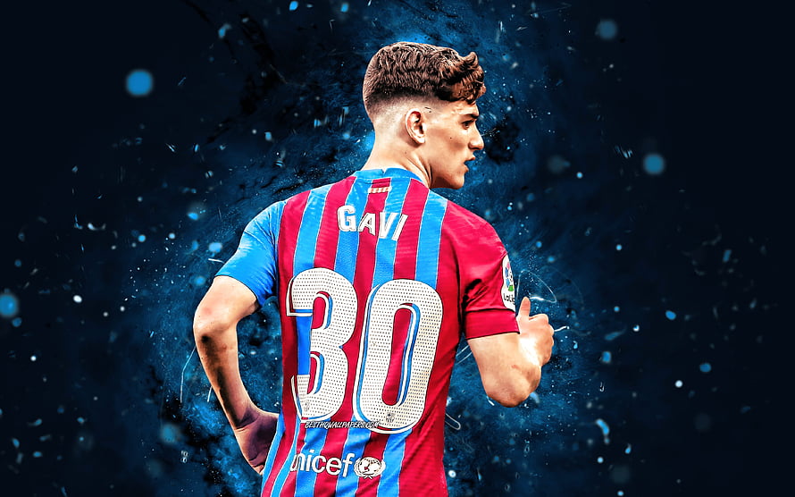 Gavi in FC Barcelona Home Kit with Dynamic Blue Particle Background HD wallpaper