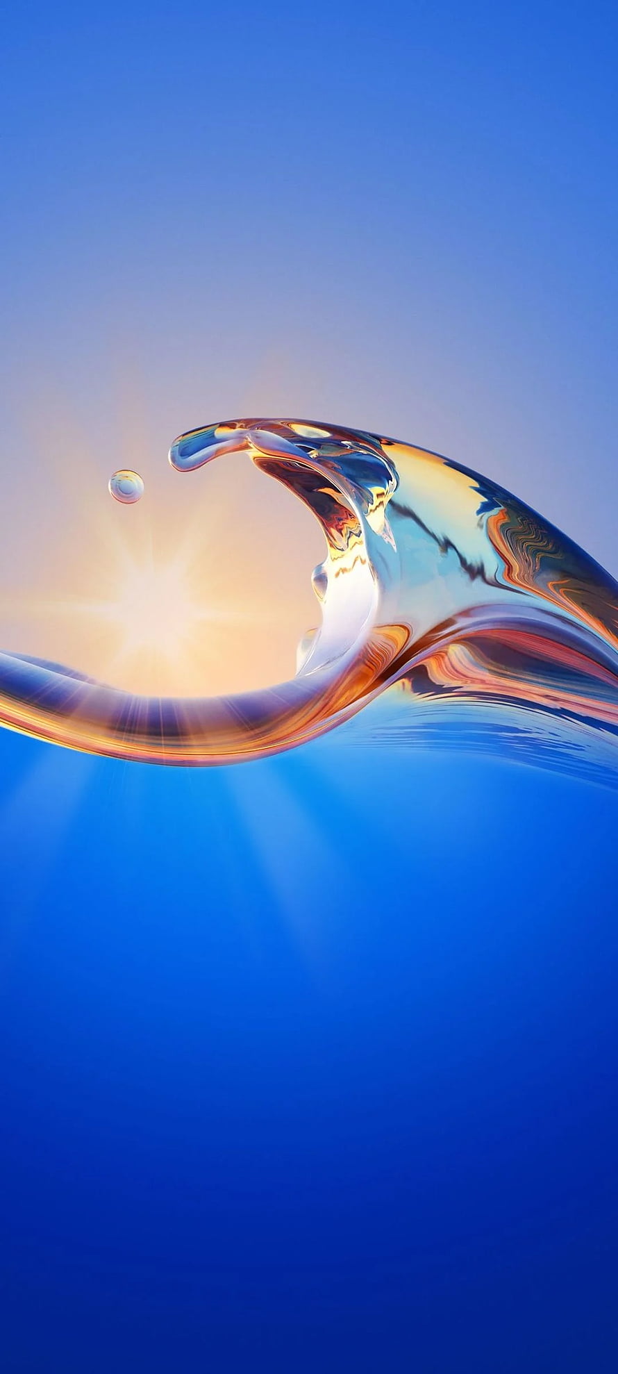 Abstract Liquid Wave with Golden Sunburst Reflections on Deep Blue Background HD phone wallpaper