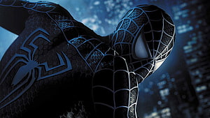 Black Suit Spider-Man Close-Up with Webbed Mask and Dark City Skyline, spiderman and venom Background 19355 [] for your , Mobile & Tablet. Explore Spiderman Venom . Black Spiderman , Venom , Black Suit Spiderman HD wallpaper