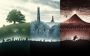 Lord of the Rings Trilogy Journey: Shire, Mordor, and Mount Doom Silhouette Art HD wallpaper