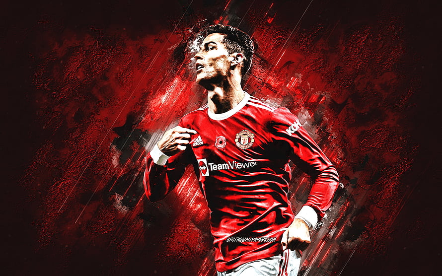 Cristiano Ronaldo in Manchester United Kit with Dramatic Red Brushstroke Background HD wallpaper