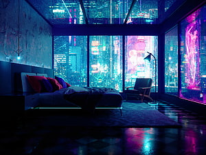 Cyberpunk Hotel Bedroom Interior With Neon City View And Rain Streaked Windows HD wallpaper