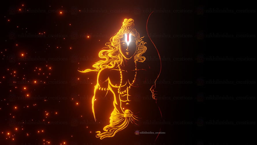 Glowing Golden Silhouette of Lord Ram Holding a Bow Against a Dark Starry Background HD wallpaper