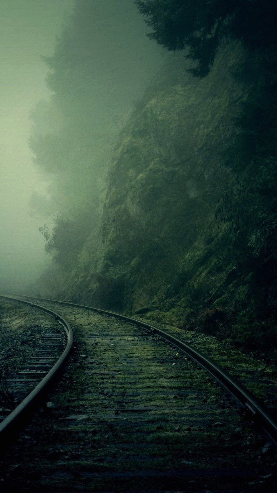 Misty Forest Railway Tracks Winding Through Dark Green Hills HD phone wallpaper