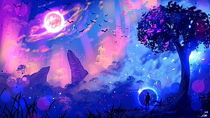 Vibrant Fantasy Landscape with Glowing Portal and Silhouette HD wallpaper