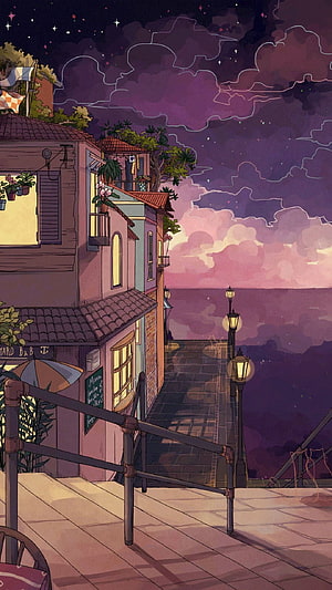 Cozy Coastal B&B at Dusk with Starlit Sky and Warm Lanterns HD phone wallpaper