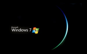 Microsoft Windows 7 Official Logo on Black Background with Blue and Green Light Arc HD wallpaper