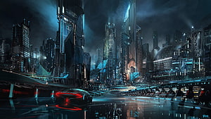 Cyberpunk Cityscape at Night with Futuristic Supercar and Neon Reflections HD wallpaper