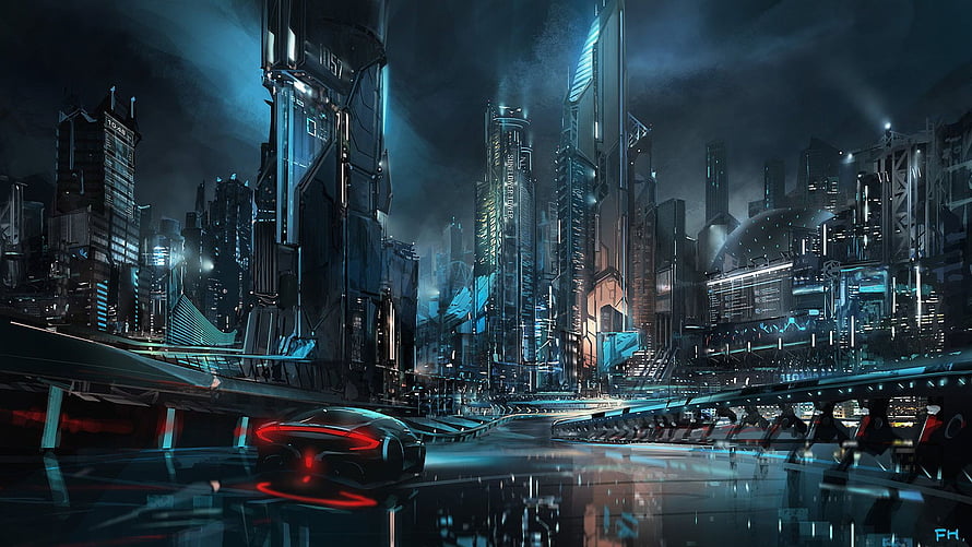 Cyberpunk Cityscape at Night with Futuristic Supercar and Neon Reflections HD wallpaper
