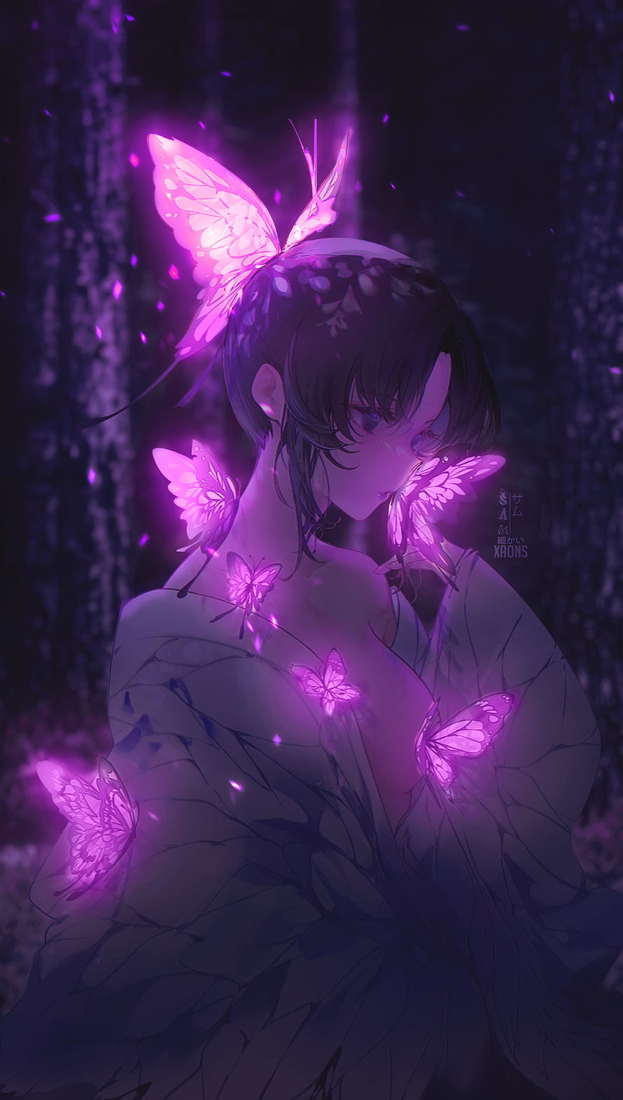 Shinobu Kocho from Demon Slayer Surrounded by Glowing Purple Butterflies in a Dark Forest HD phone wallpaper