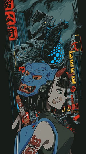 Cyberpunk Tokyo Anime Girl With Oni Mask And Giant Kaiju Monster HD phone wallpaper