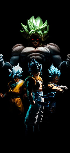 Dragon Ball Z Super Saiyan Blue Goku Vegeta and Broly Figure Collection on Black Background HD phone wallpaper