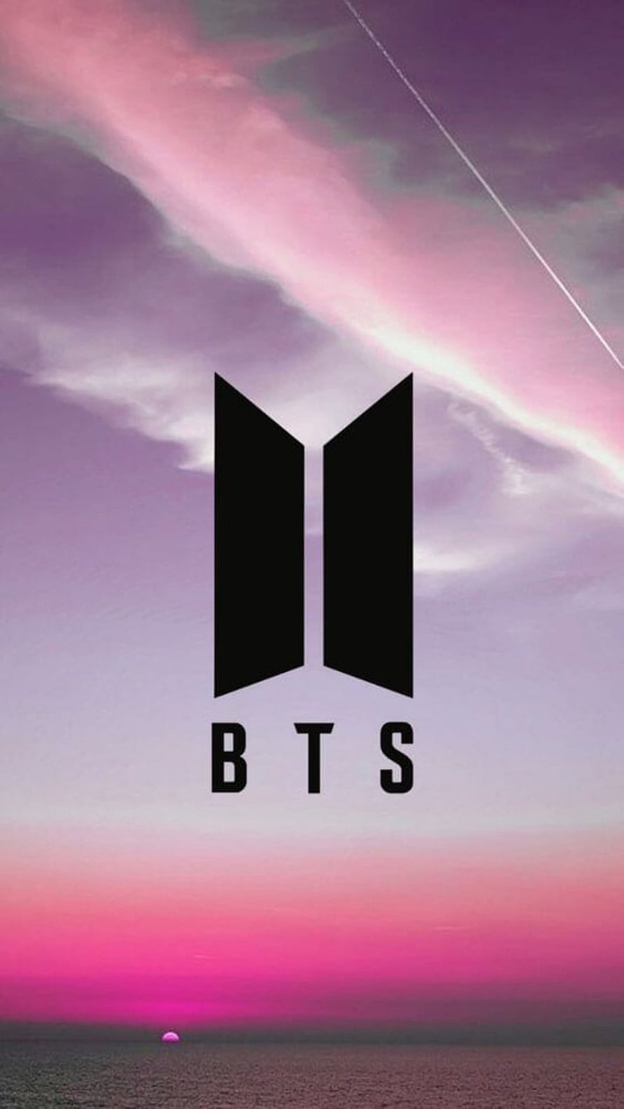 BTS Logo Against a Vibrant Pink and Purple Sunset Sky with a Distant Horizon HD phone wallpaper