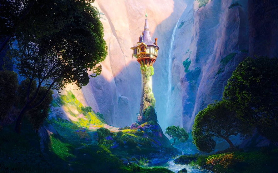 Tangled Rapunzel Tower in Enchanted Forest with Waterfall and Sunbeams HD wallpaper