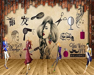 Retro Hair Salon Wall Mural With Vintage Barber Shop Illustrations And Fashion Figures HD wallpaper