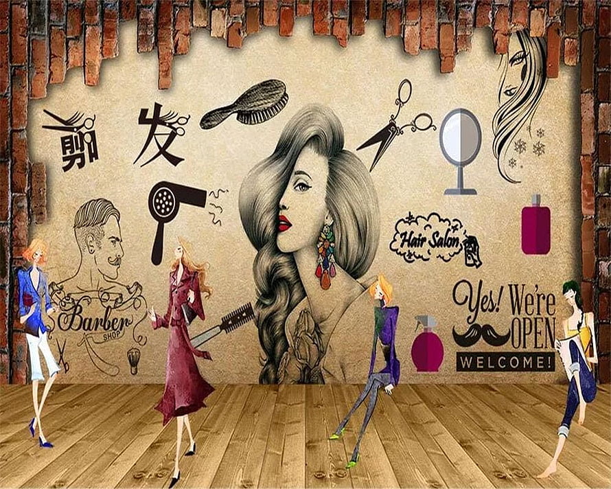 Retro Hair Salon Wall Mural With Vintage Barber Shop Illustrations And Fashion Figures HD wallpaper