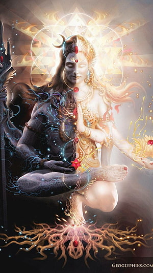 Shiva Shakti Dual Meditation Artwork with Chakra Energy and Cosmic Aura HD phone wallpaper