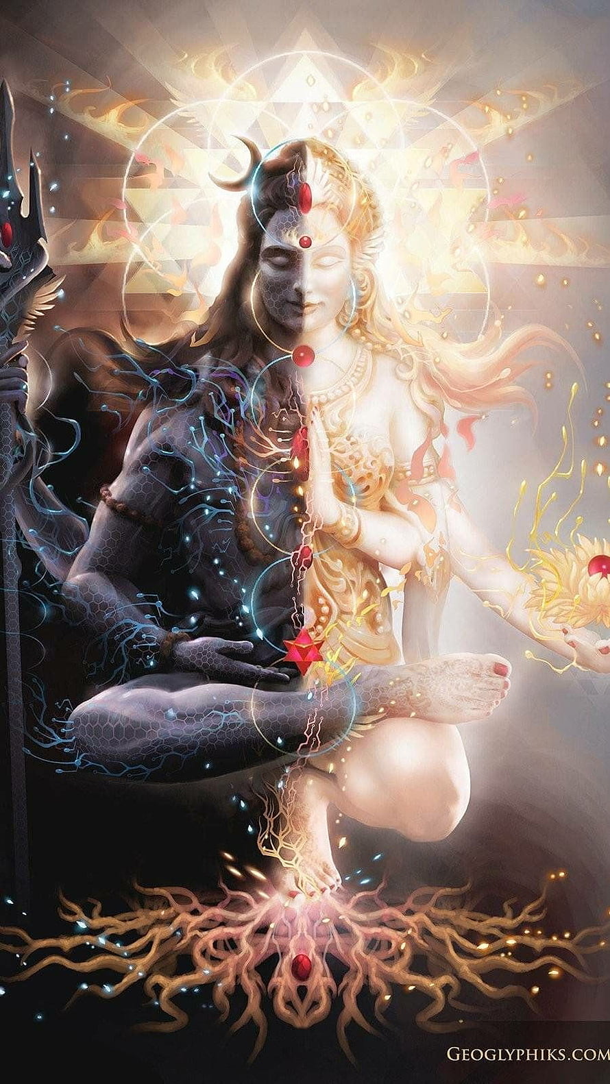 Shiva Shakti Dual Meditation Artwork with Chakra Energy and Cosmic Aura HD phone wallpaper