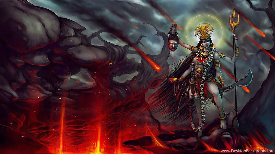 Maa Kali Divine Warrior Goddess with Trishula and Skull Garland Amidst Dark Stormy Landscape HD wallpaper