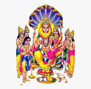 Lakshmi Narasimha Swamy with multi-hooded serpent canopy and devotees in traditional Indian temple art HD wallpaper