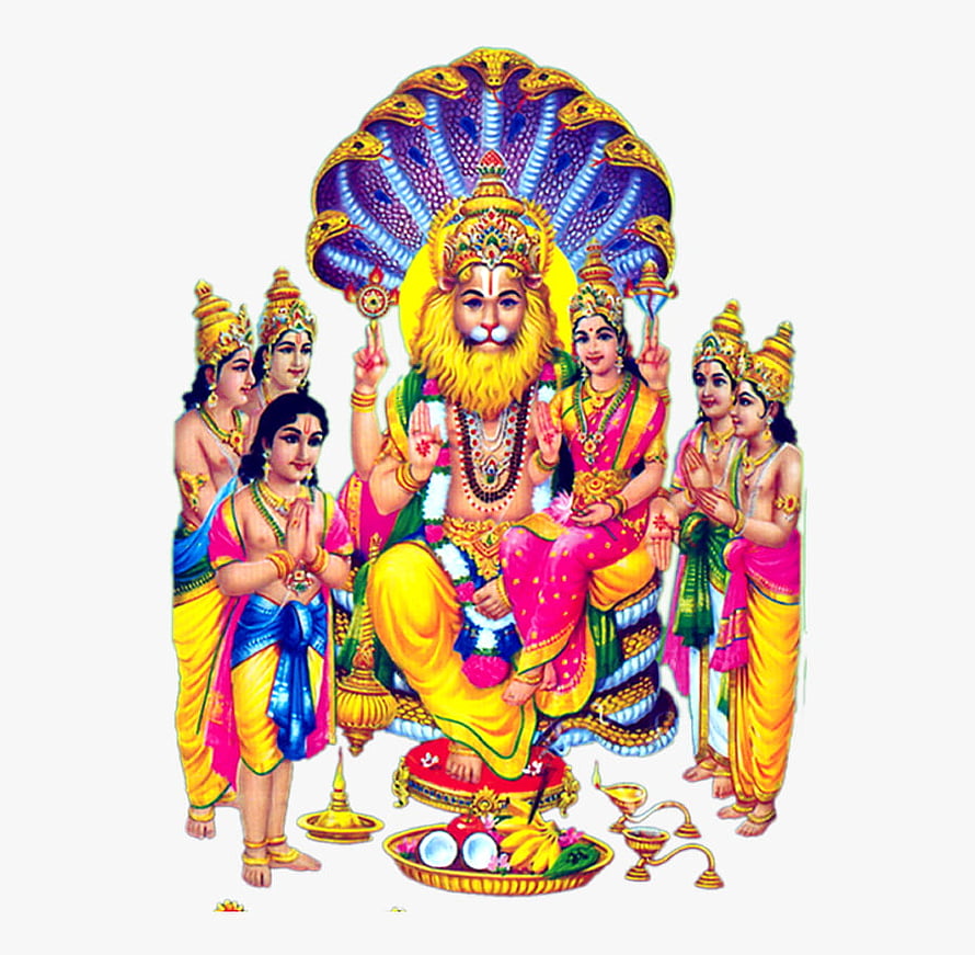 Lakshmi Narasimha Swamy with multi-hooded serpent canopy and devotees in traditional Indian temple art HD wallpaper