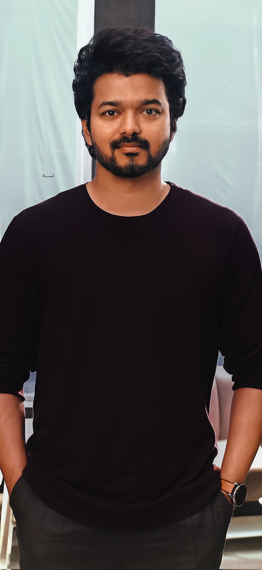 Thalapathy Vijay in Black Shirt and Dark Trousers with Beard and Watch HD phone wallpaper