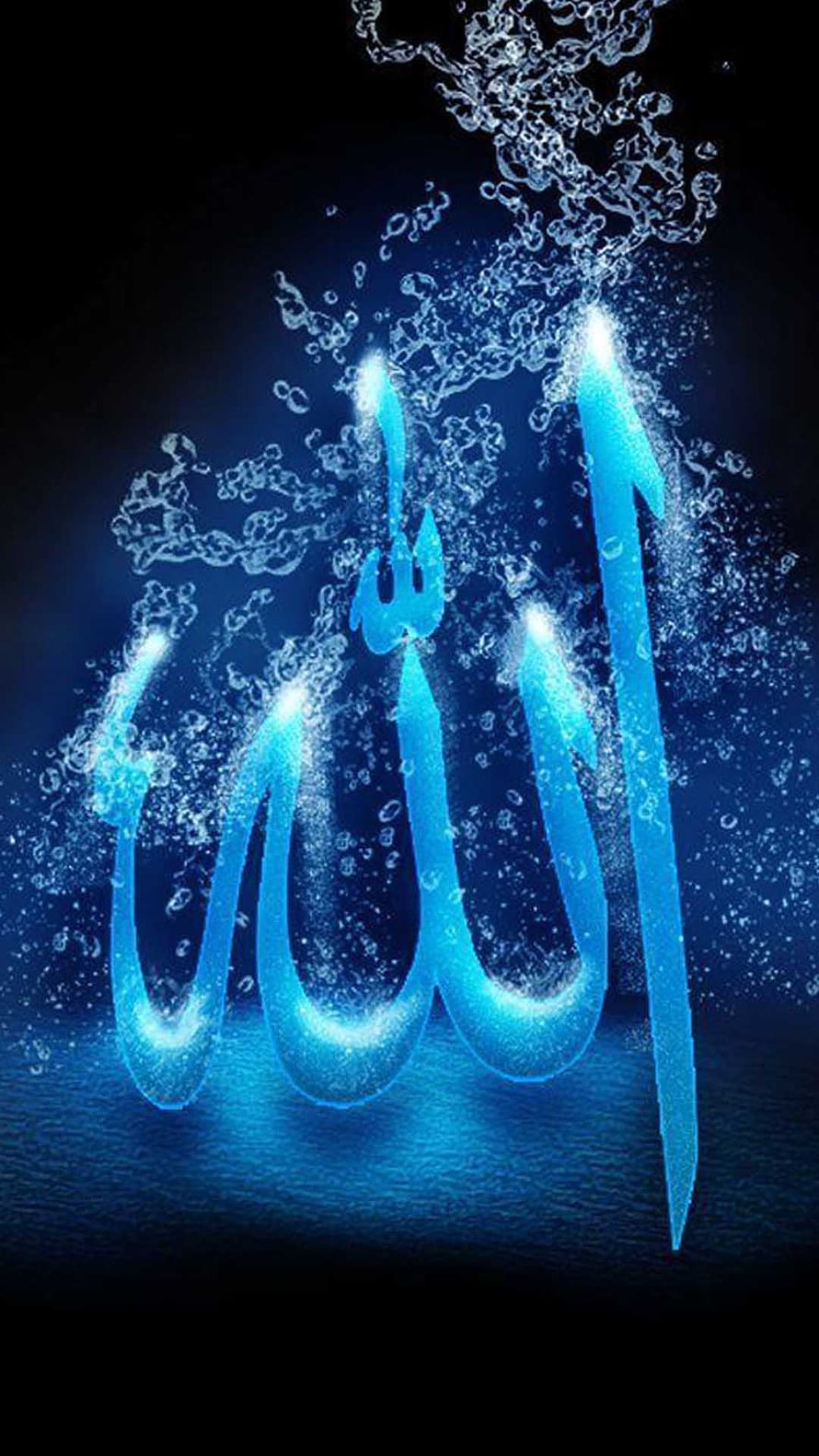 Glowing Blue Arabic Calligraphy of Allah with Water Splash Effect on Dark Background HD phone wallpaper