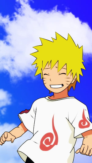 Young Naruto Uzumaki Smiling Under a Bright Blue Sky in Anime Style HD phone wallpaper