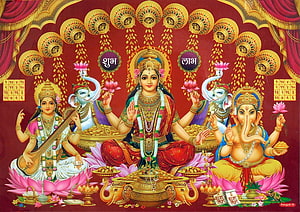 Lakshmi Ganesha Saraswati Triad on Lotus with Diya and Gold Coins HD wallpaper