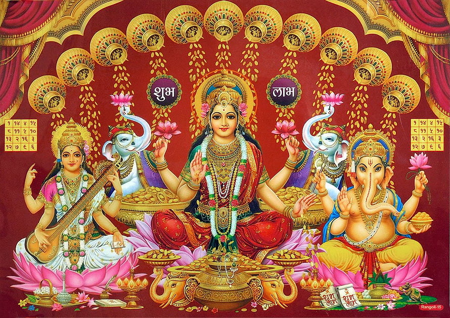 Lakshmi Ganesha Saraswati Triad on Lotus with Diya and Gold Coins HD wallpaper