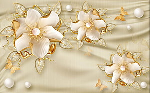 Luxurious Gold and Pearl Floral Design on Beige Silk Background HD wallpaper