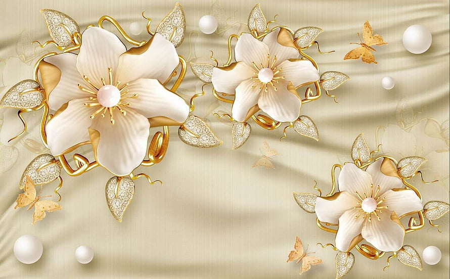 Luxurious Gold and Pearl Floral Design on Beige Silk Background HD wallpaper