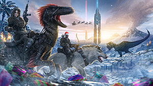 Ark Survival Evolved Christmas Fantasy Art With Raptor Rider And Wolf Rider In Snowy Landscape HD wallpaper