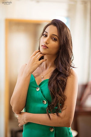 Srinidhi Shetty in a Green Dress with Long Wavy Hair and Gold Necklace HD phone wallpaper
