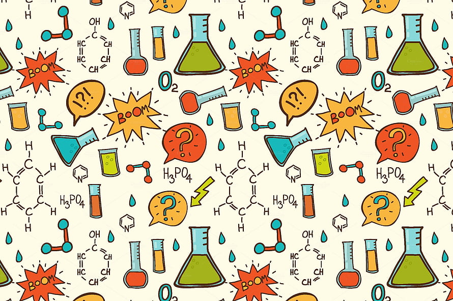Cute Hand-Drawn Chemistry Lab Pattern with Beakers, Molecules, and Boom Explosions HD wallpaper