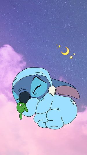 Stitch Sleeping Under Starry Night Sky With Crescent Moon And Soft Pink Clouds HD phone wallpaper