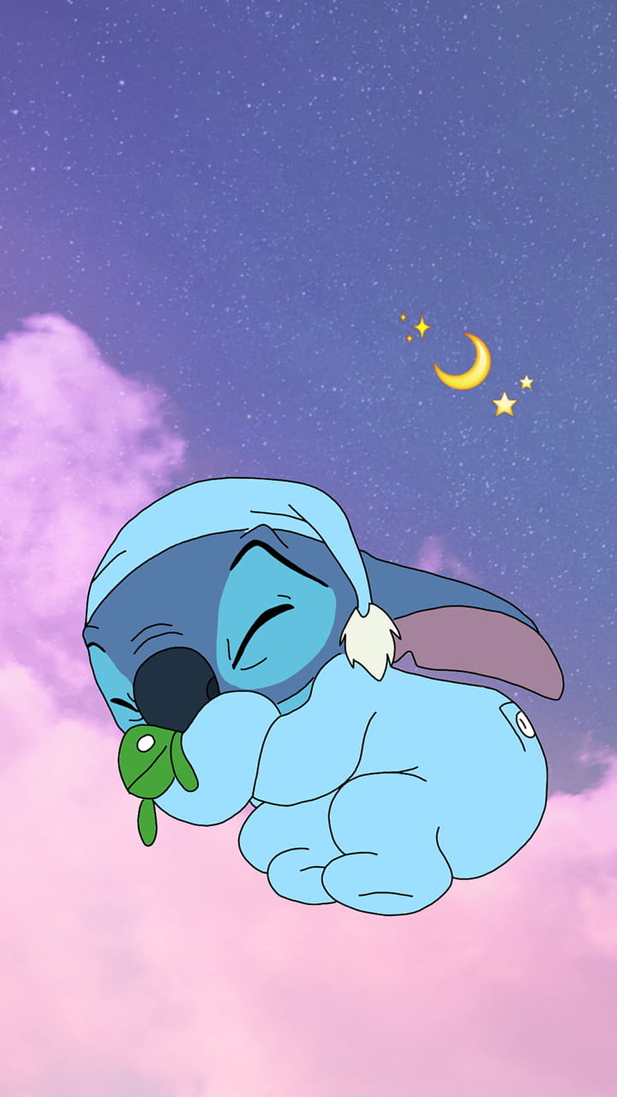 Stitch Sleeping Under Starry Night Sky With Crescent Moon And Soft Pink Clouds HD phone wallpaper