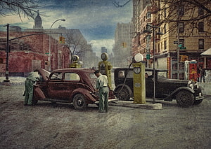 Vintage 1940s Gas Station Scene With Classic Cars And Snowy City Street HD wallpaper