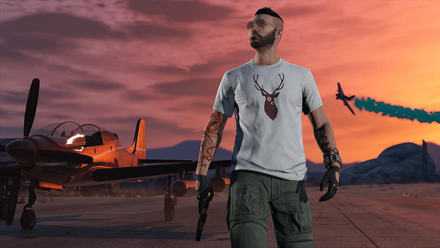GTA V Roleplay Character Standing on Airfield at Sunset with Prop Plane and Jet in Background HD wallpaper