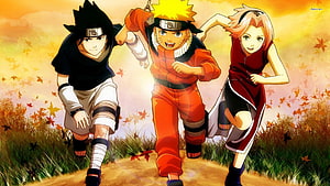 Naruto Team 7 Running Through Autumn Leaves in Vibrant Anime Illustration HD wallpaper