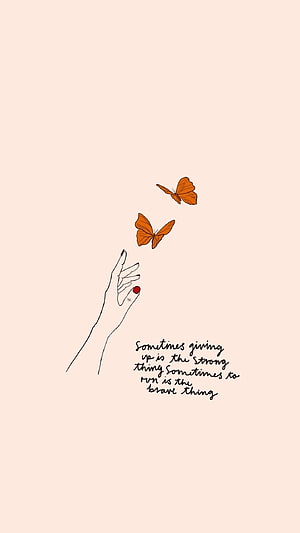 Minimalist hand releasing orange butterflies with handwritten quote on beige background HD phone wallpaper