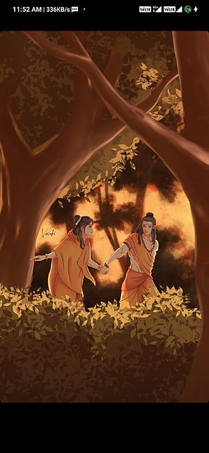 Ram and Sita Holding Hands in a Golden Forest HD phone wallpaper